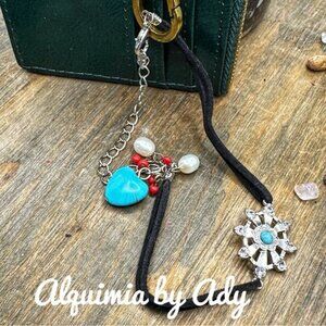 Turquoise black rope necklace  key/card holder/ bag charms